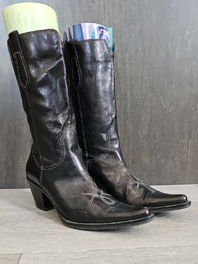 Franco Sarto Metallic Leather Pointed Toe Mid Calf Western Country Boots, Sz 7